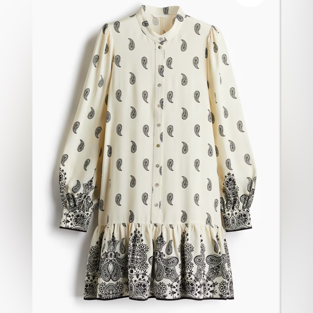 H&M Cream and Black Paisley Viscose Long Sleeve Dress